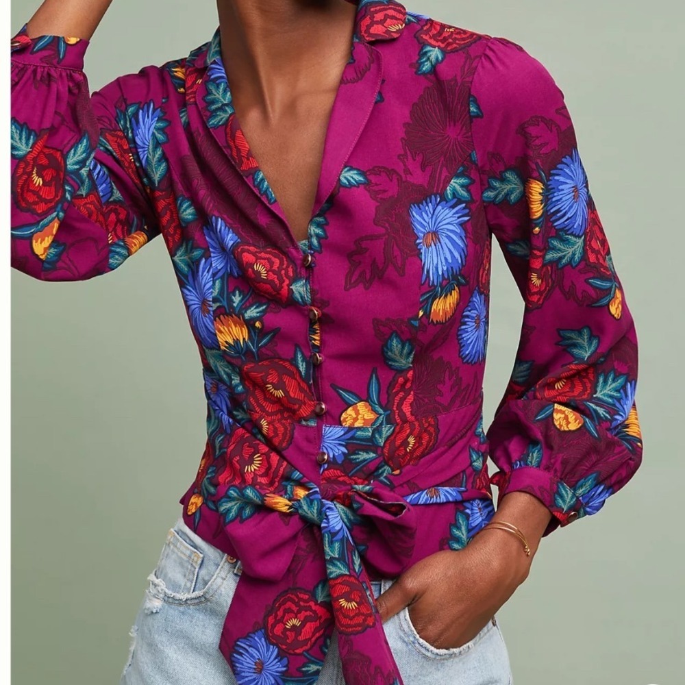 Anthropologie Moulinette Soeurs Maisie Blouse Maroon Floral Wrap Tie Top Size 6